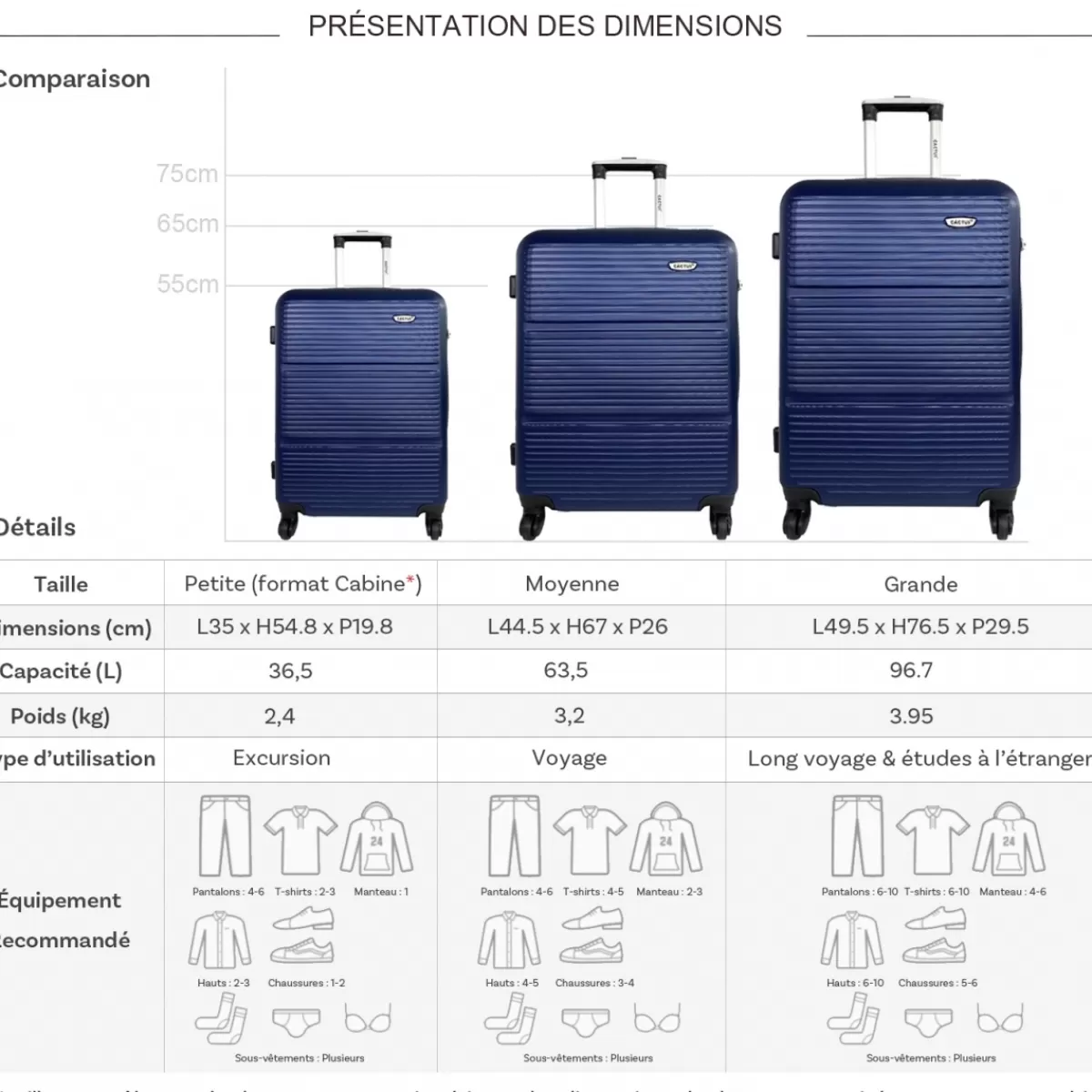 Lot 3 valises rigides dont 1 valise cabine ABS^Cactus Shop