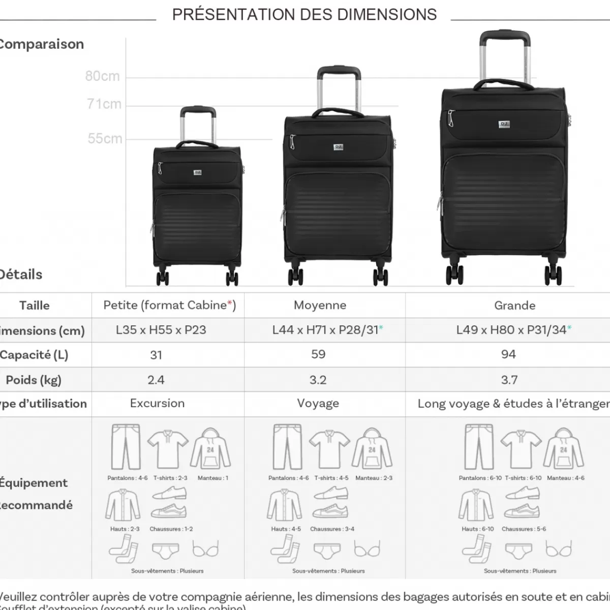 Lot de 3 valises dont 1 cabine souples extensibles^David Jones New