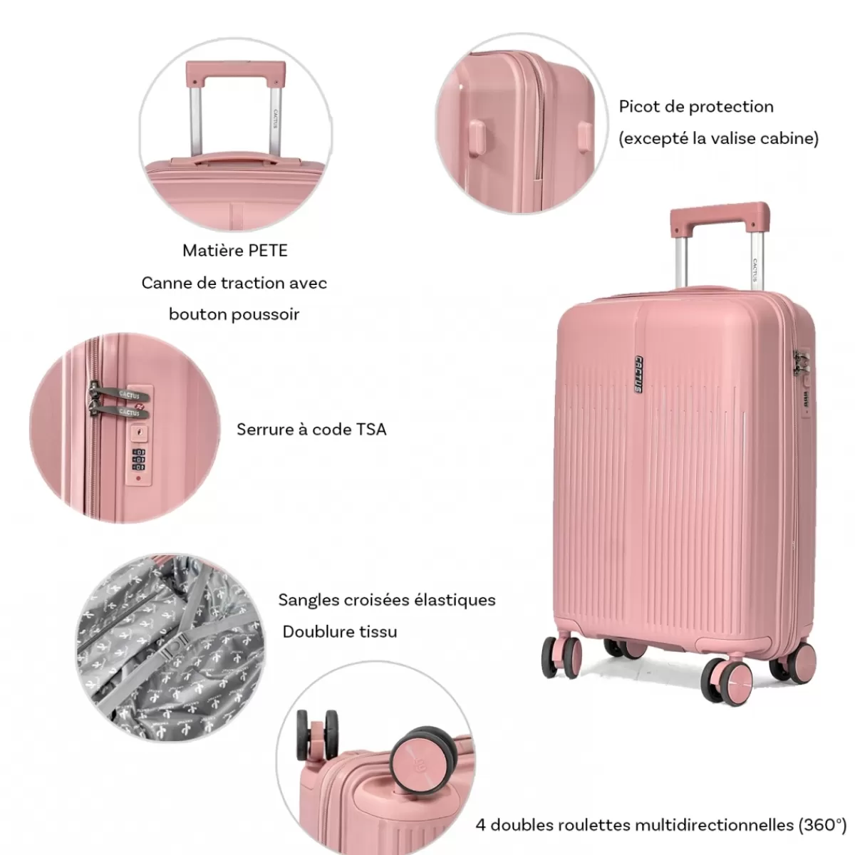 Lot de 3 valises rigides dont une valise cabine TSA PETE^Cactus Hot