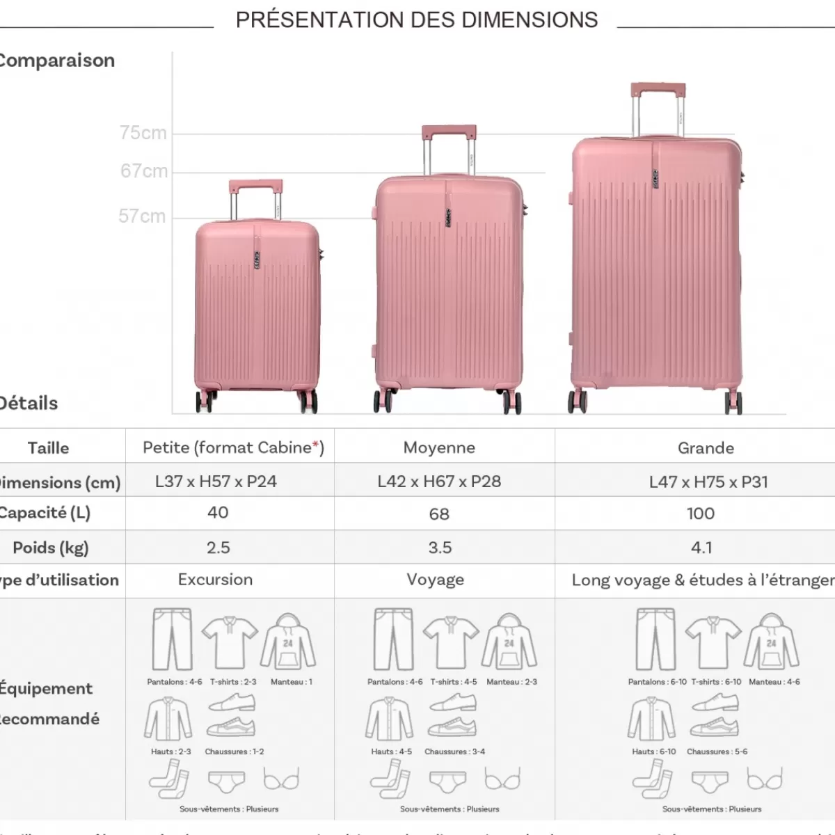 Lot de 3 valises rigides dont une valise cabine TSA PETE^Cactus Hot
