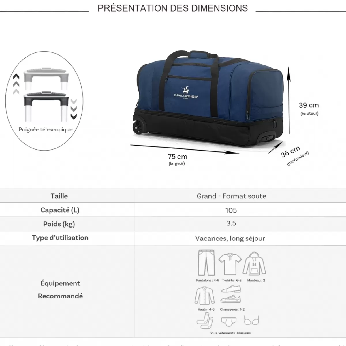 Sac de voyage à roulettes 105L double compartiment Taille L 75cm^David Jones Best Sale