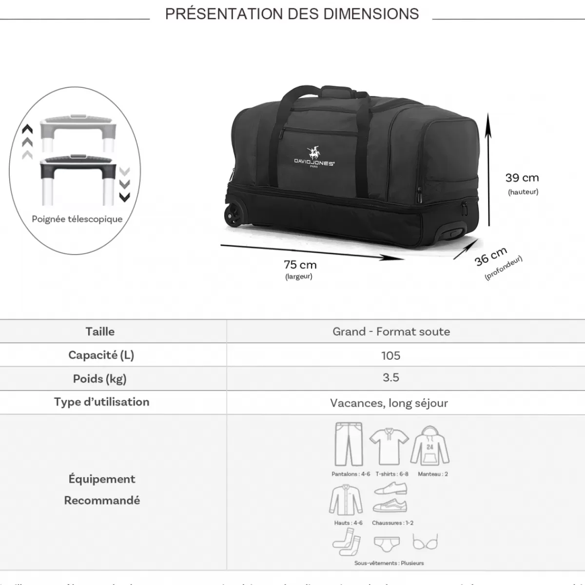 Sac de voyage à roulettes 105L double compartiment Taille L 75cm^David Jones Best Sale