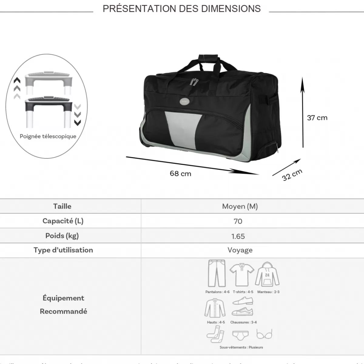 Sac de voyage avec roulettes 70L polyester taille M 68cm^Cactus Online