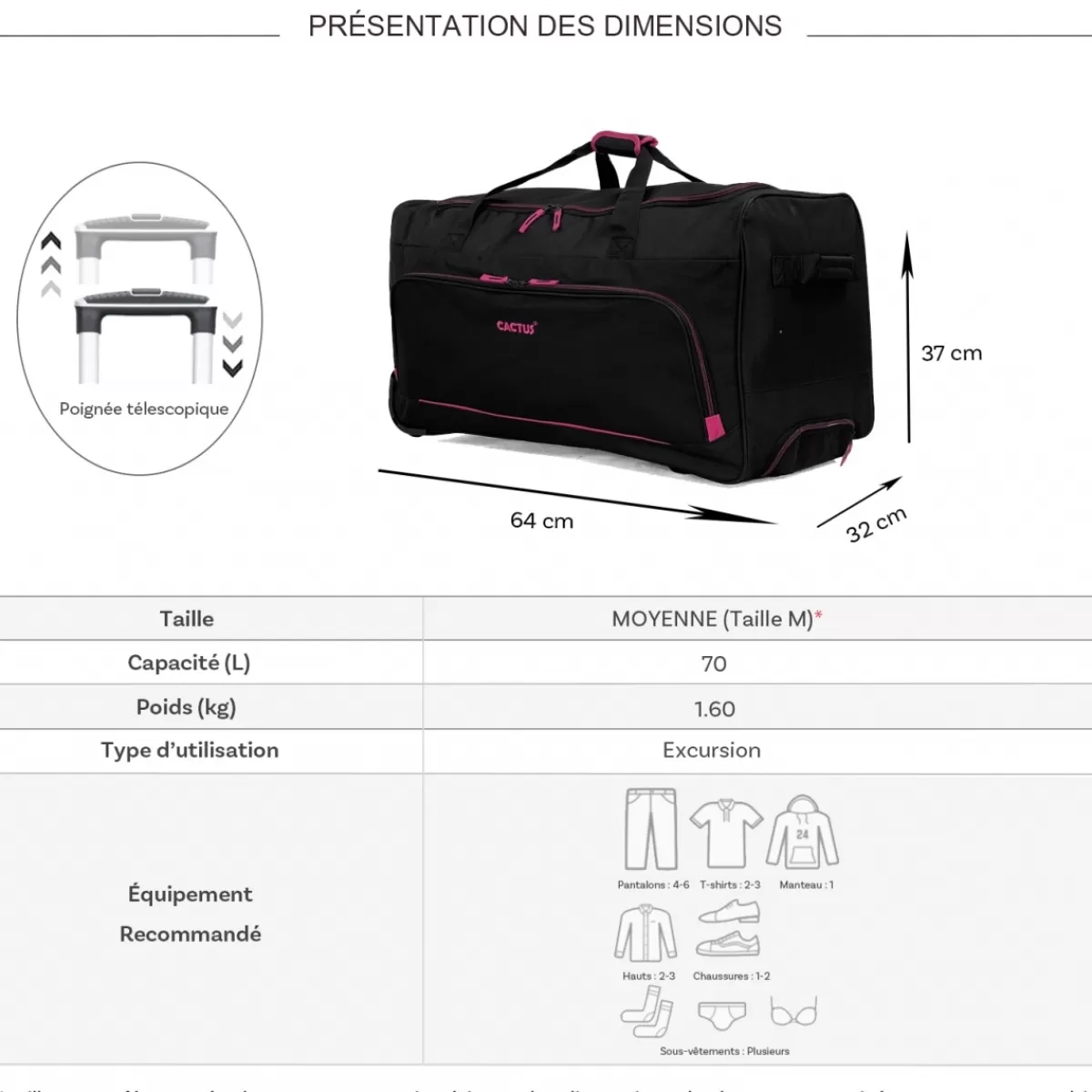 Sac de voyage avec roulettes 70L polyester taille M 64cm^Cactus Best Sale