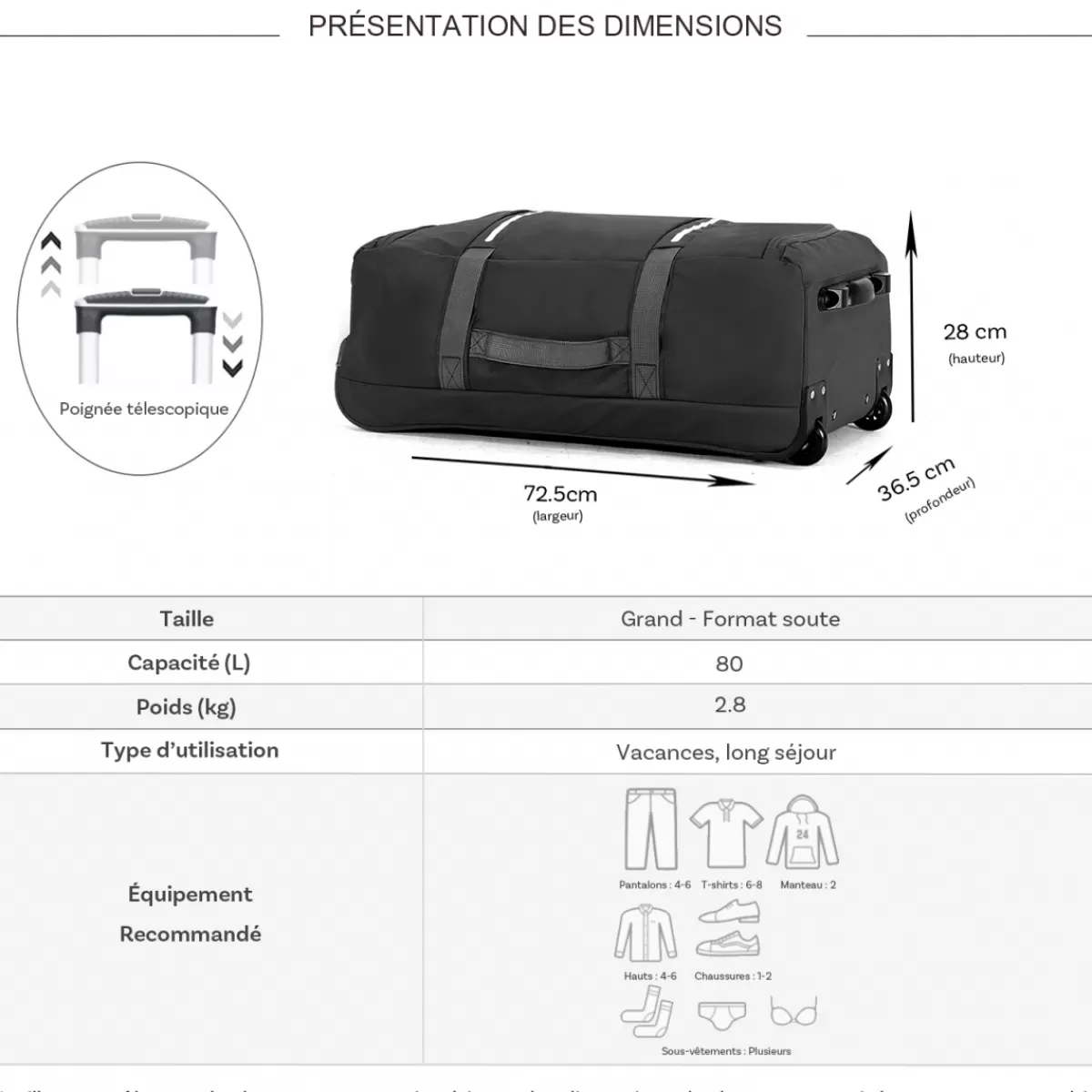 Sac de voyage avec roulettes 80L polyester taille L 72.5cm^David Jones Shop