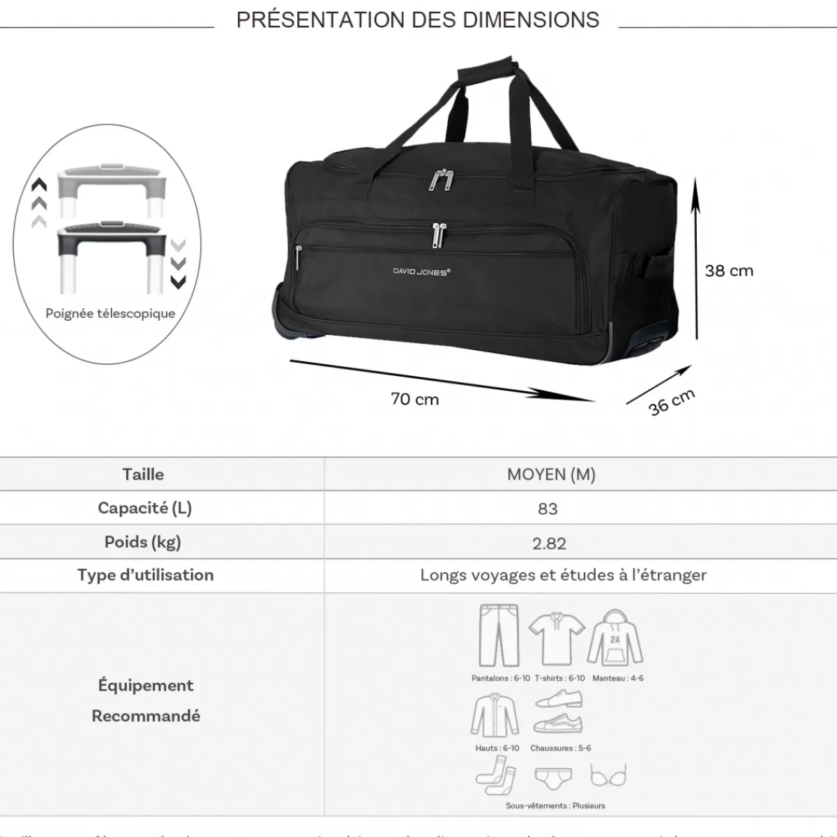 Sac de voyage avec roulettes 83L polyester taille L 70cm^David Jones Best
