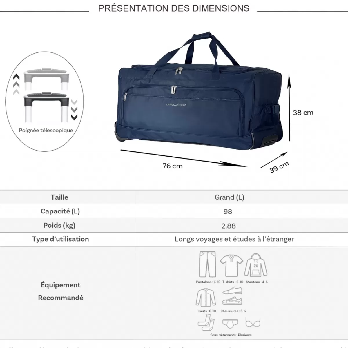 Sac de voyage avec roulettes 98L polyester taille L 76cm^David Jones Sale