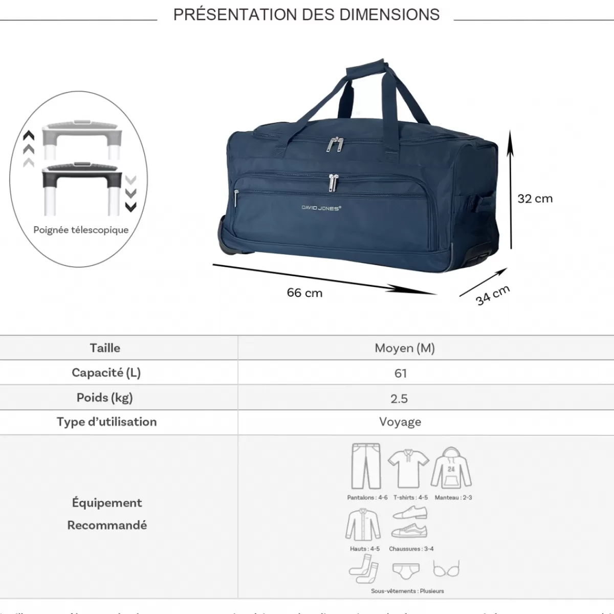 Sac de voyage avec roulettes 61L polyester taille M 66cm^David Jones Sale