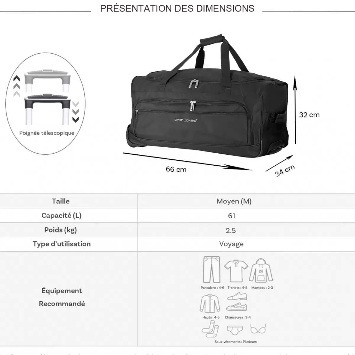Sac de voyage avec roulettes 61L polyester taille M 66cm^David Jones Sale