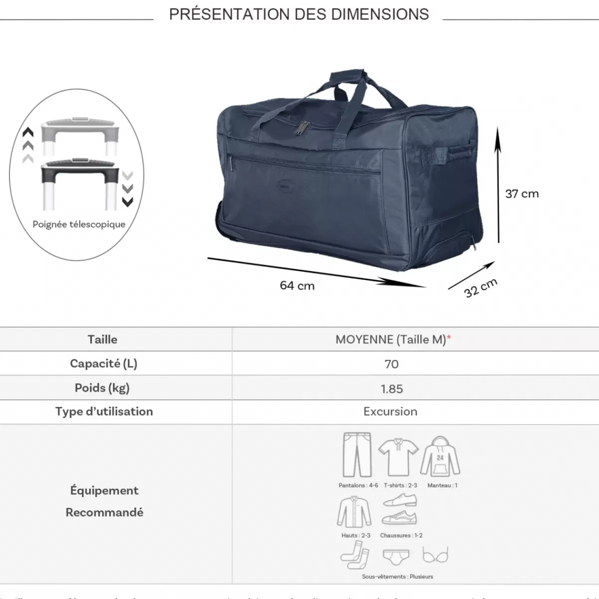 Sac de voyage avec roulettes 70L polyester taille M 64cm^Degré Outlet