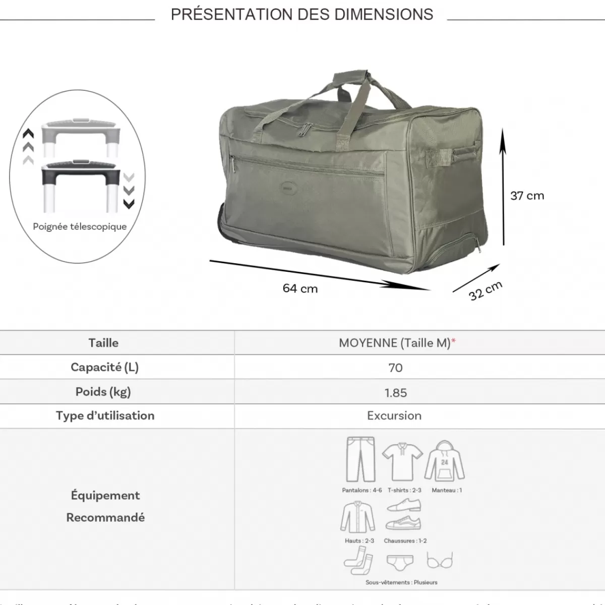 Sac de voyage avec roulettes 70L polyester taille M 64cm^Degré Outlet