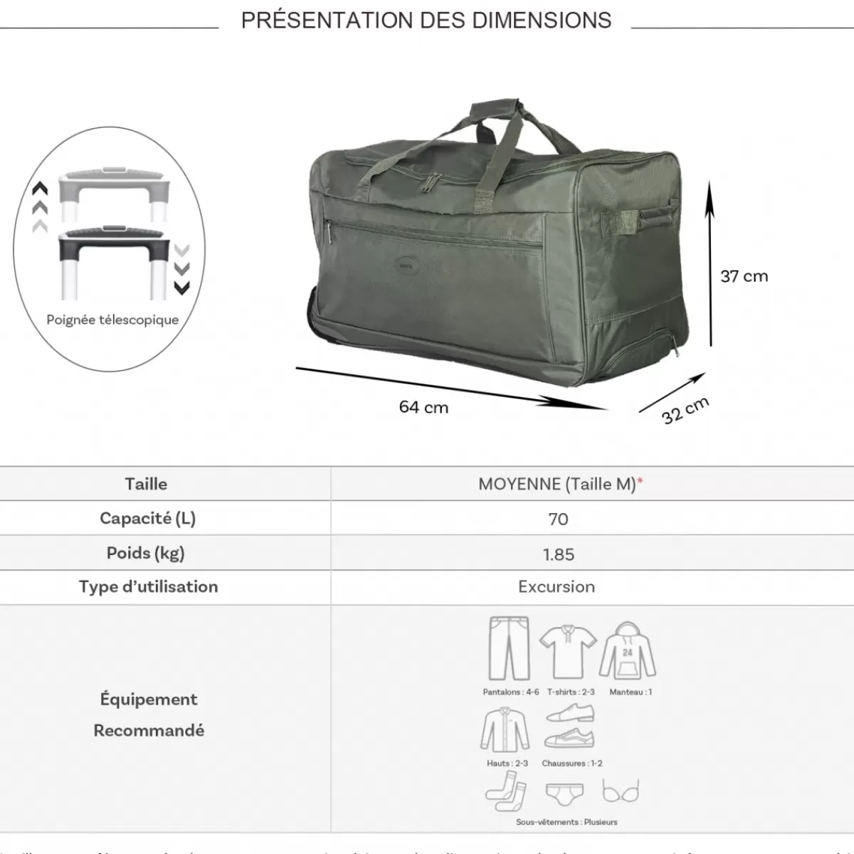 Sac de voyage avec roulettes 70L polyester taille M 64cm^Degré Outlet