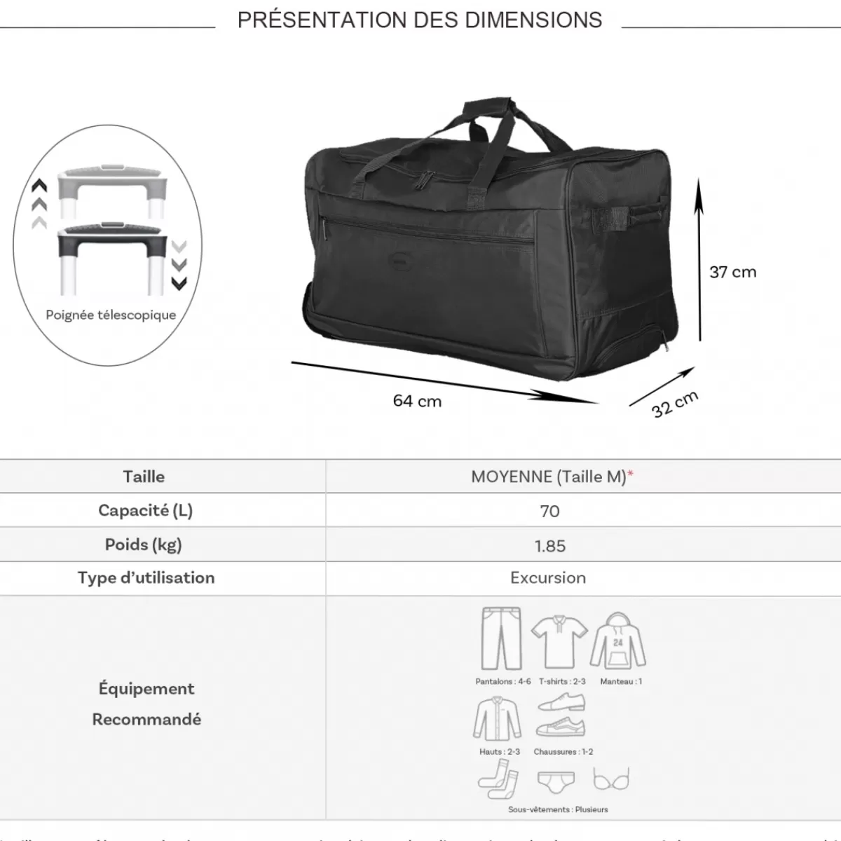 Sac de voyage avec roulettes 70L polyester taille M 64cm^Degré Outlet