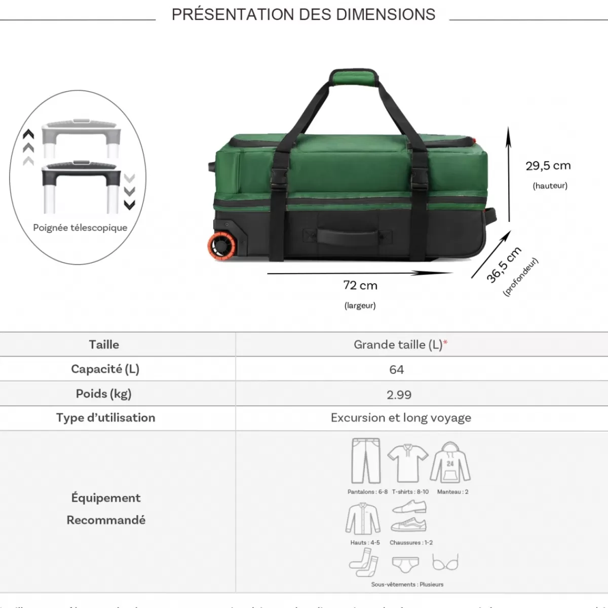 Sac de voyage avec roulettes 64L JS005A polyester taille L 72cm^Jeep Online