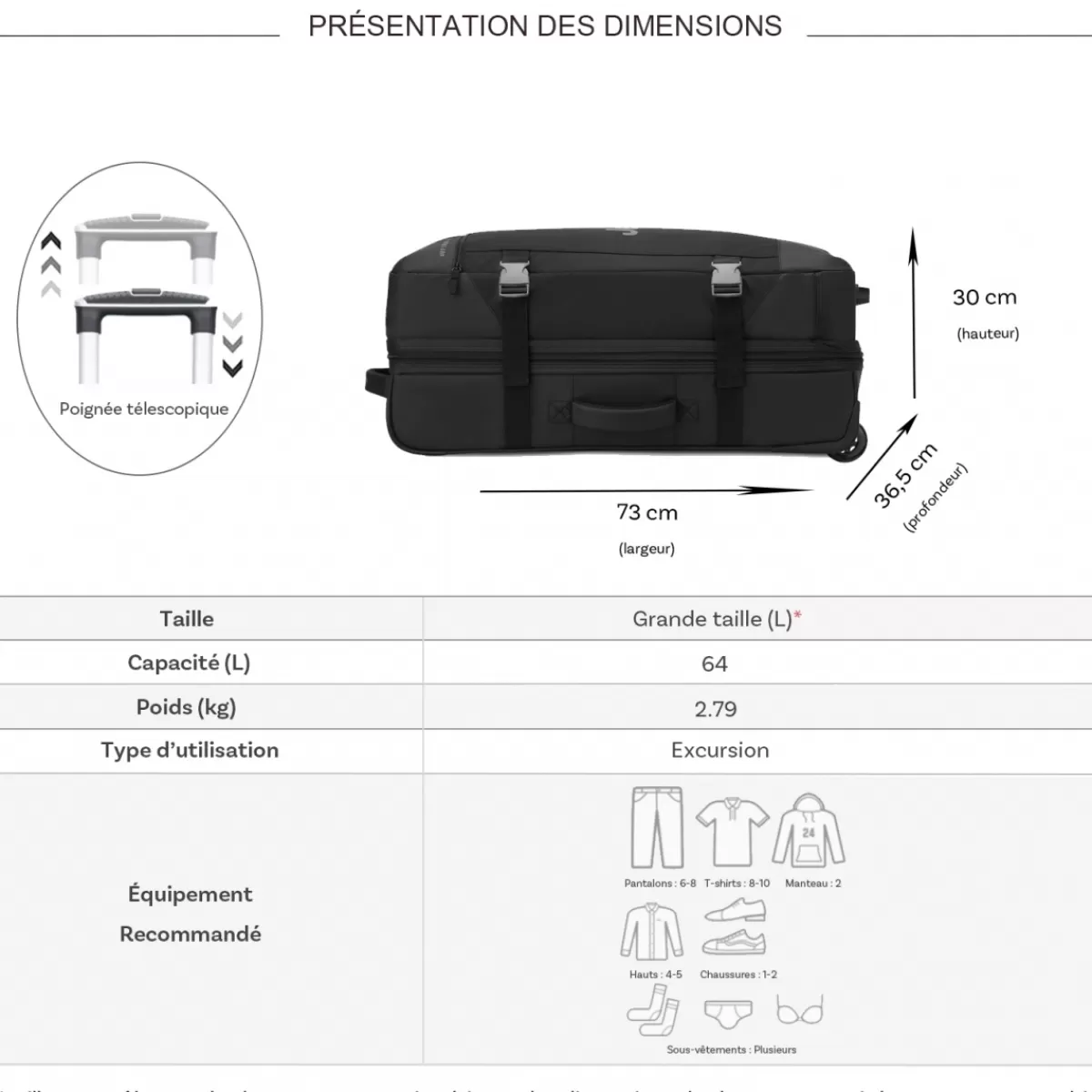 Sac de voyage avec roulettes 64L JS007C polyester taille L 73cm^Jeep Cheap