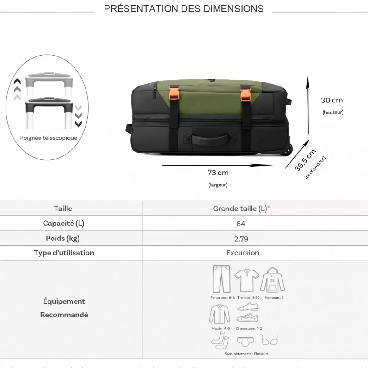 Sac de voyage avec roulettes 64L JS007C polyester taille L 73cm^Jeep Cheap