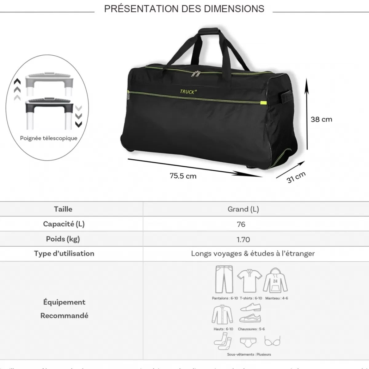 Sac de voyage avec roulettes 76L polyester taille L 75.50cm^Truck Cheap
