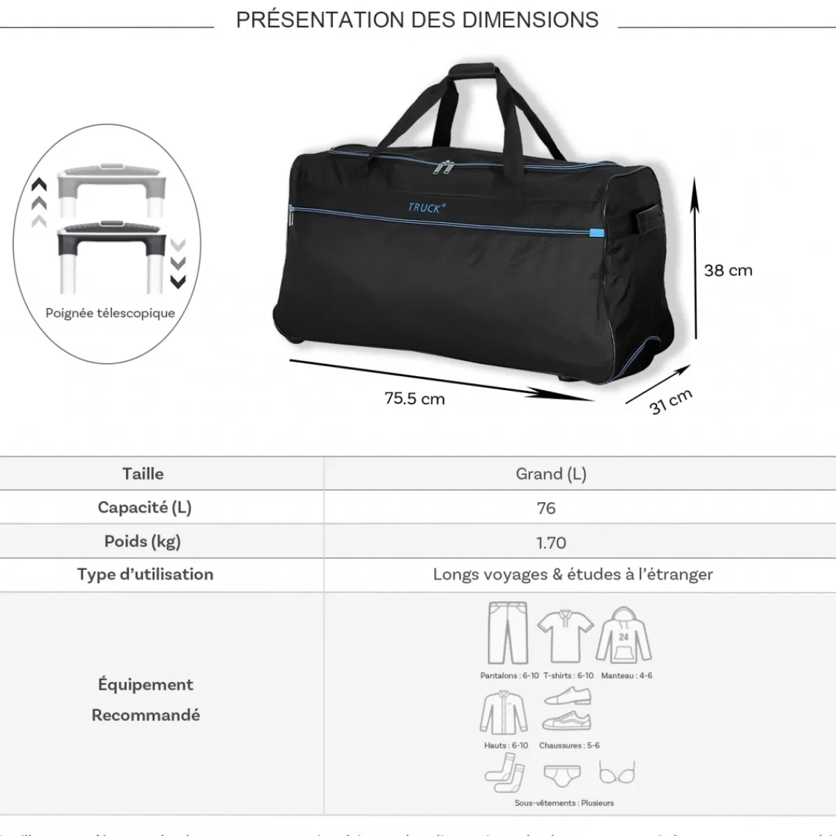 Sac de voyage avec roulettes 76L polyester taille L 75.50cm^Truck Cheap