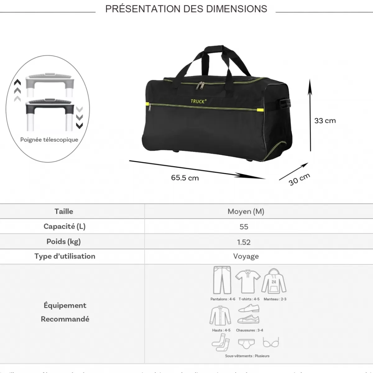 Sac de voyage avec roulettes 64L polyester taille M 65.50cm^Truck Hot