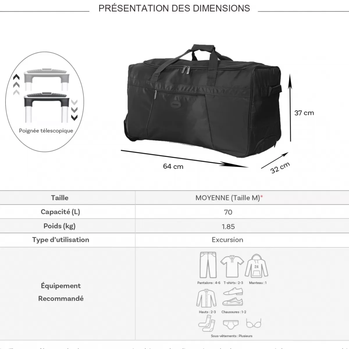 Sac de voyage avec roulettes 70L polyester taille M 64cm^Truck Best