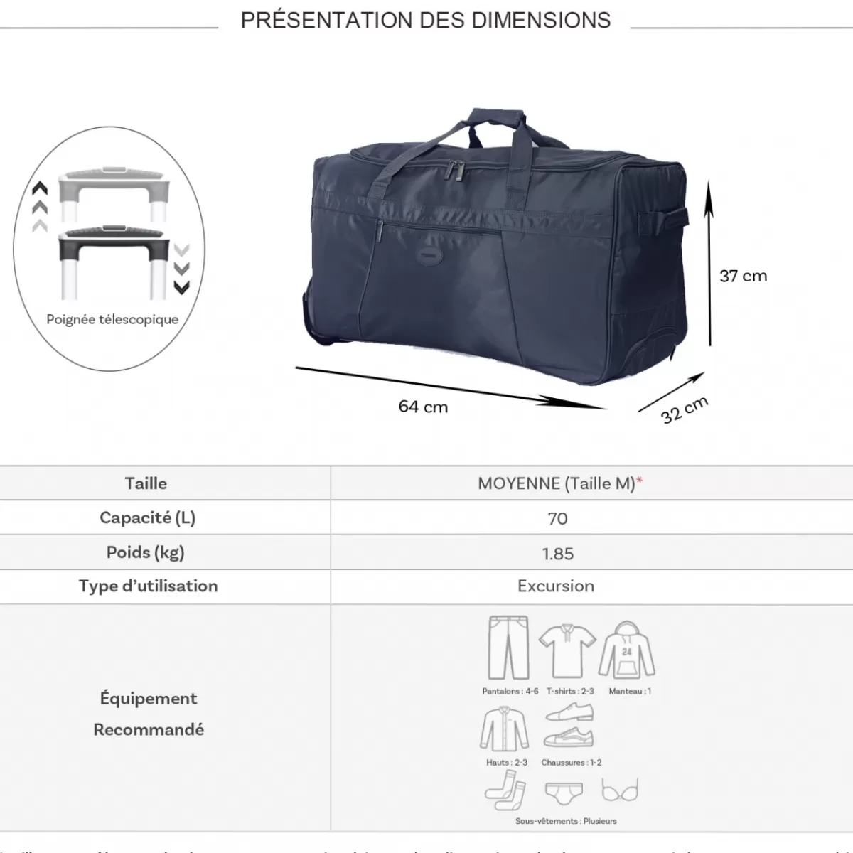Sac de voyage avec roulettes 70L polyester taille M 64cm^Truck Best