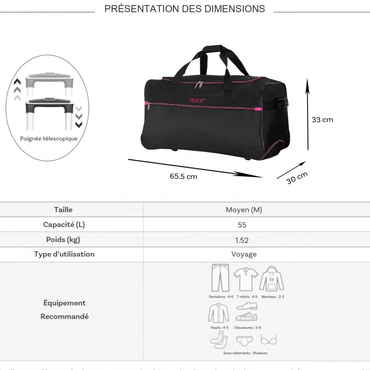 Sac de voyage avec roulettes 64L polyester taille M 65.50cm^Truck Hot