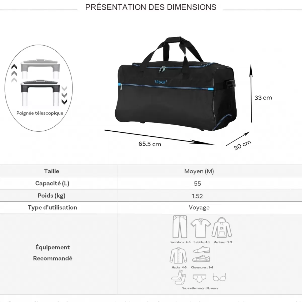 Sac de voyage avec roulettes 64L polyester taille M 65.50cm^Truck Hot