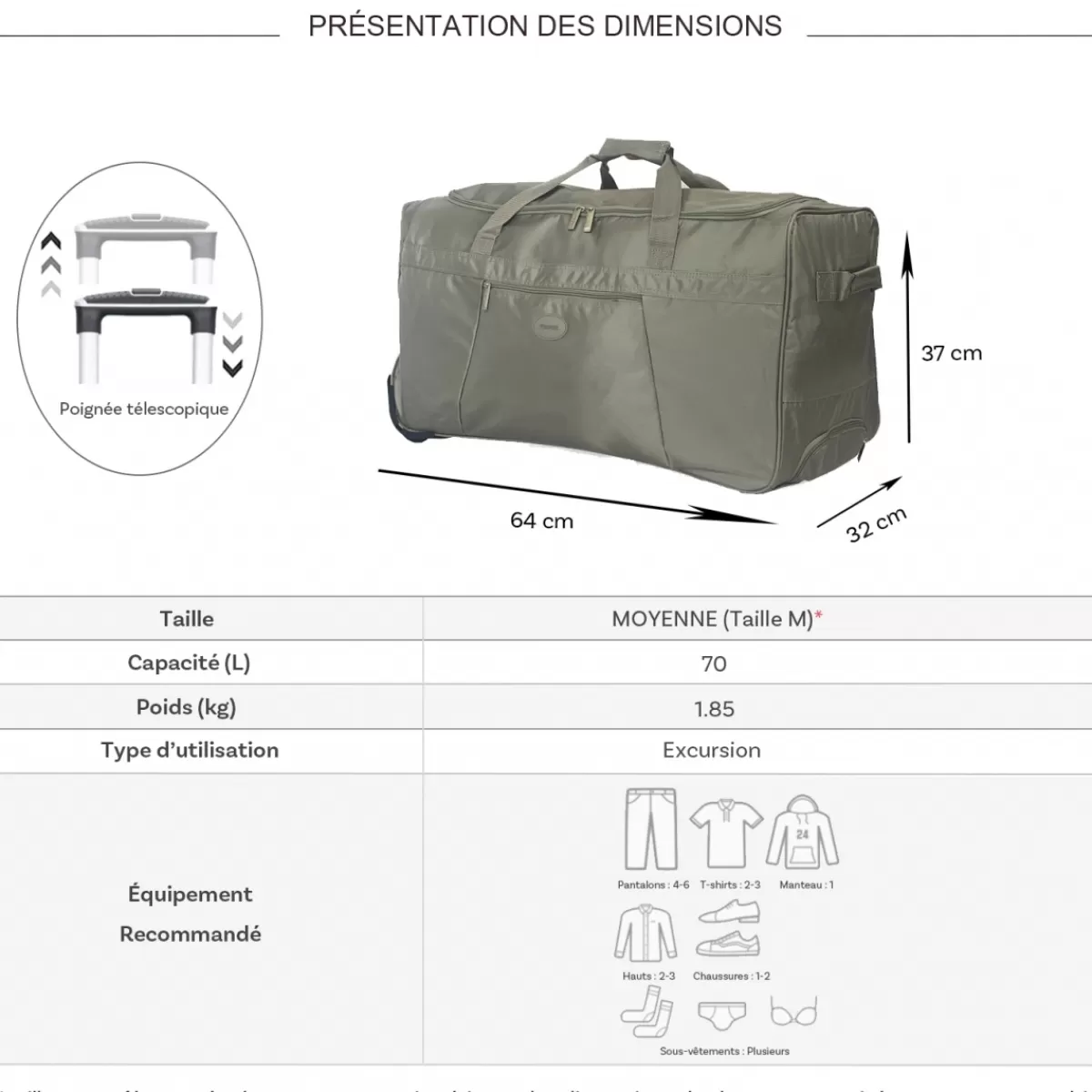 Sac de voyage avec roulettes 70L polyester taille M 64cm^Truck Best