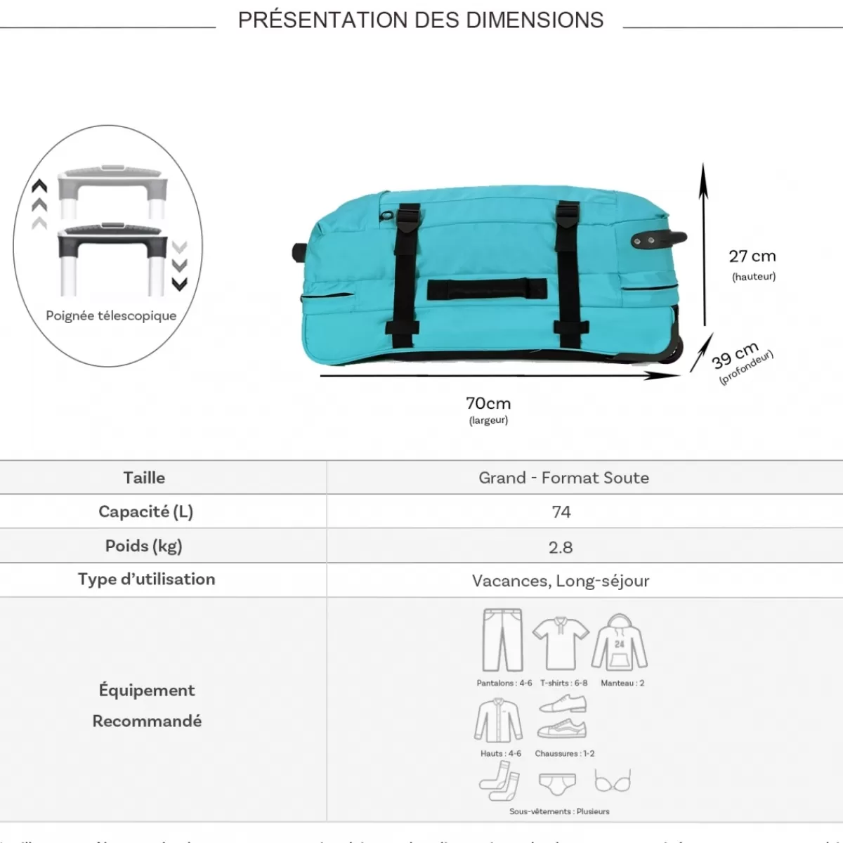 Sac de voyage cabine à roulettes 74L double compartiment taille L 70cm^David Jones Hot