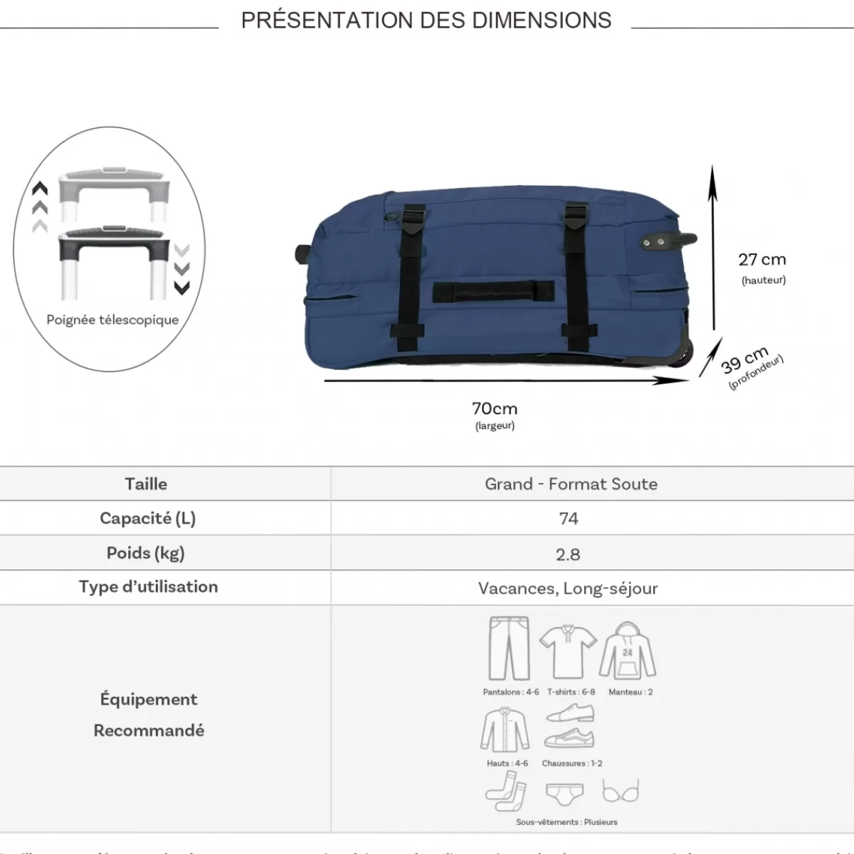 Sac de voyage cabine à roulettes 74L double compartiment taille L 70cm^David Jones Hot