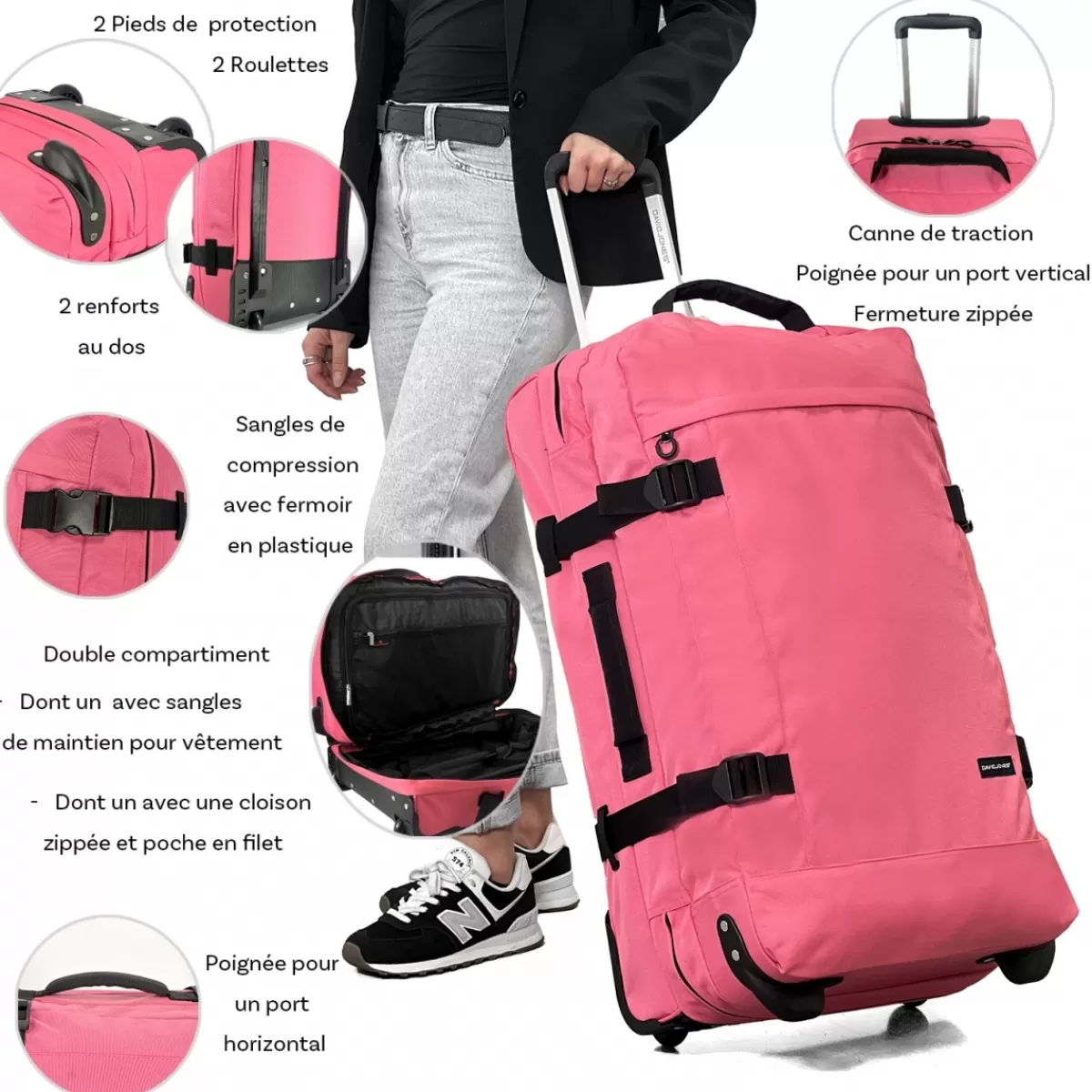 Sac de voyage cabine à roulettes 74L double compartiment taille L 70cm^David Jones Hot