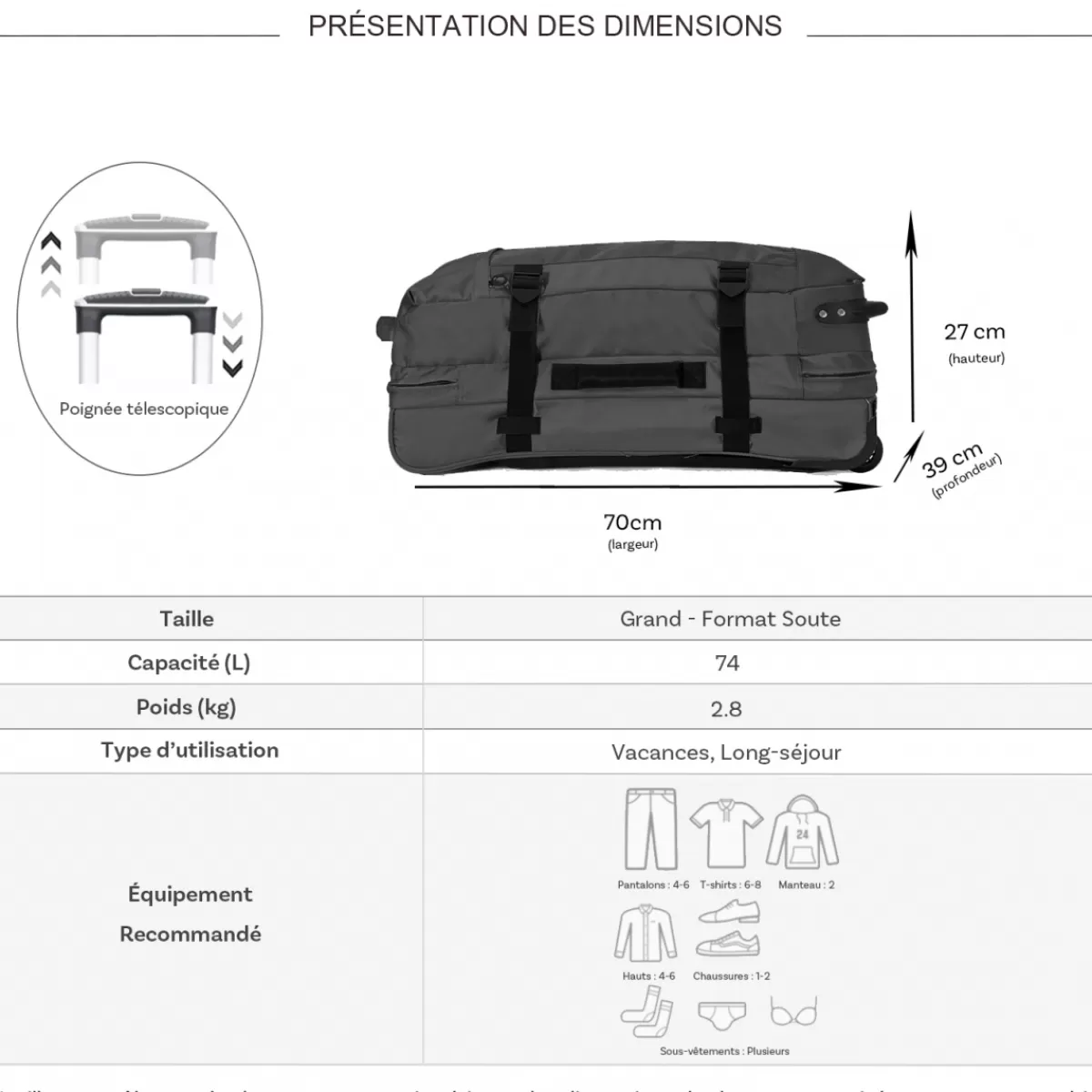 Sac de voyage cabine à roulettes 74L double compartiment taille L 70cm^David Jones Hot