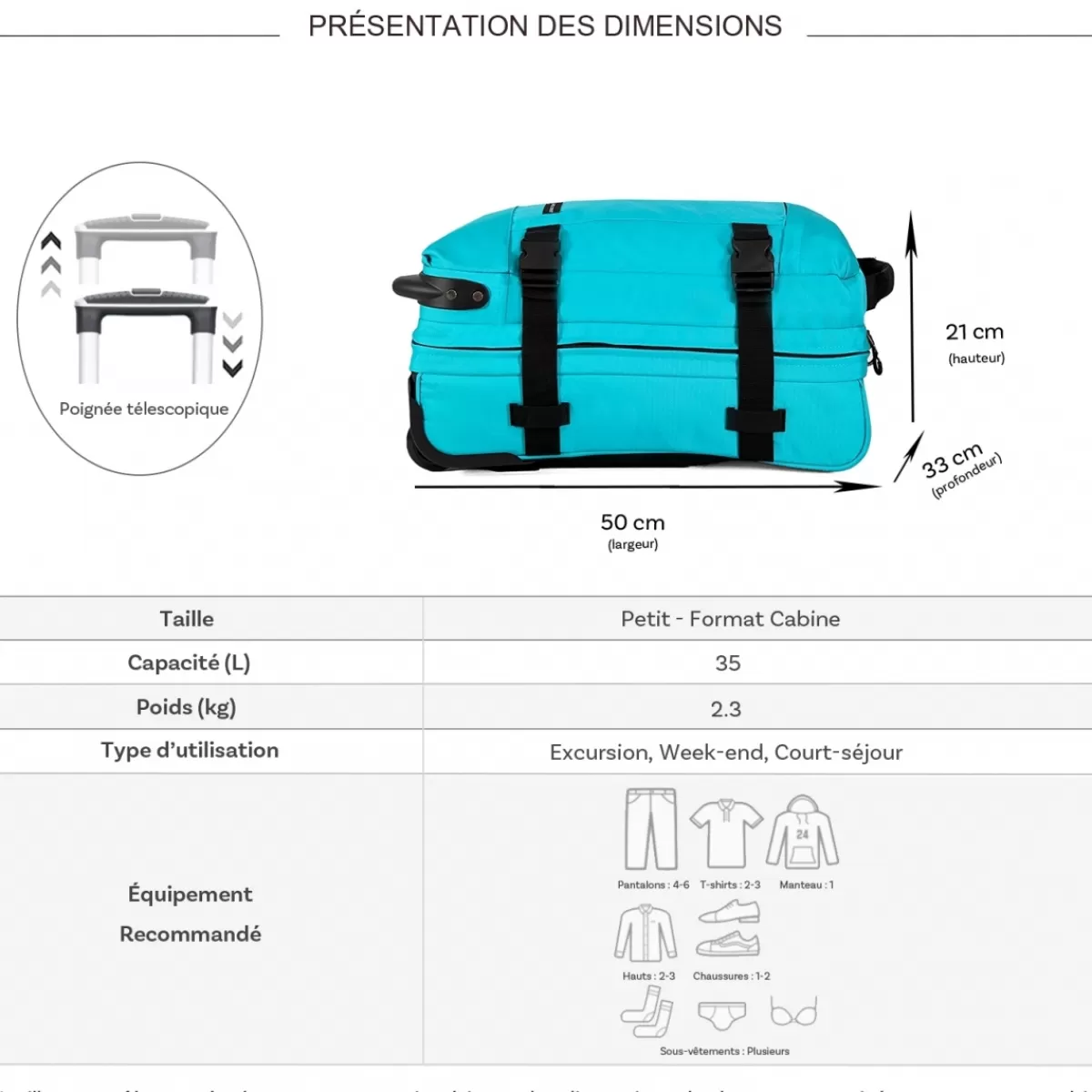 Sac de voyage cabine à roulettes 35L double compartiment taille S 50cm^David Jones Clearance