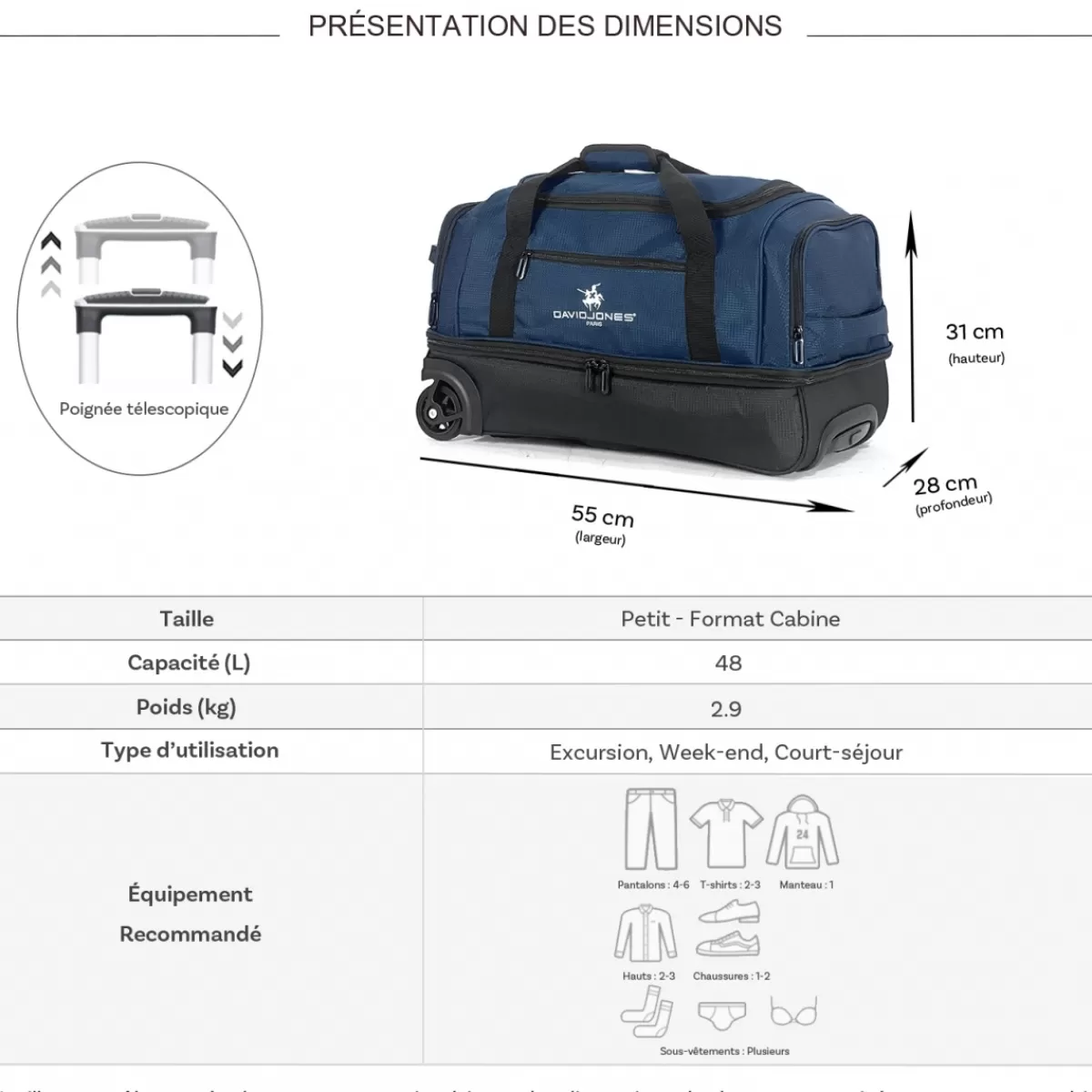 Sac de voyage cabine à roulettes 48L double compartiment Taille S 55cm^David Jones Clearance