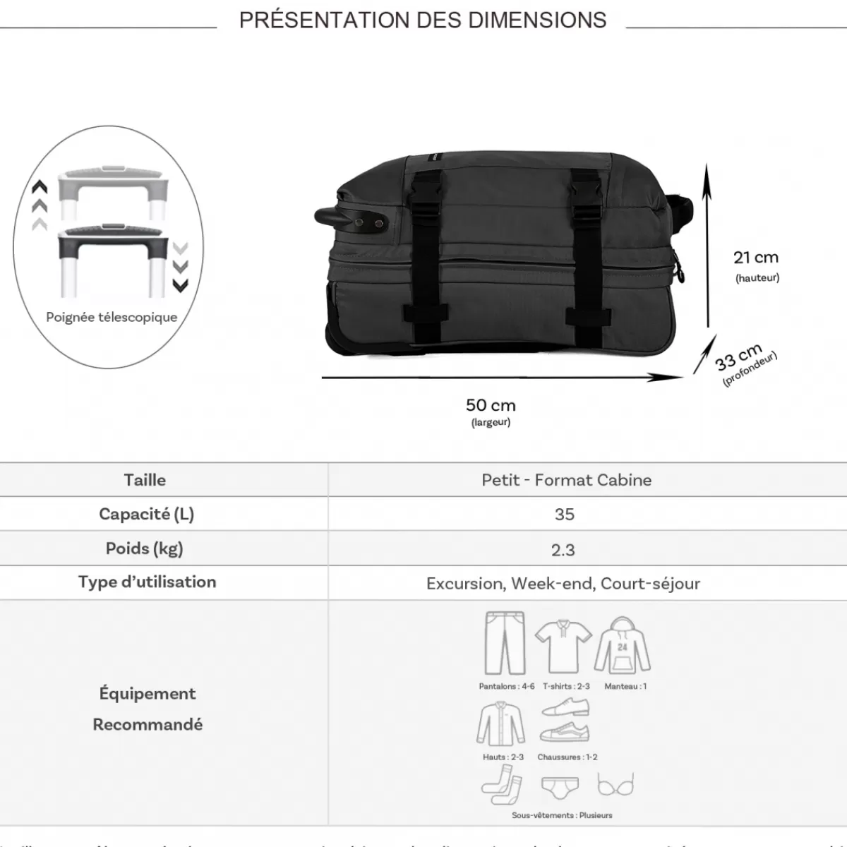 Sac de voyage cabine à roulettes 35L double compartiment taille S 50cm^David Jones Clearance