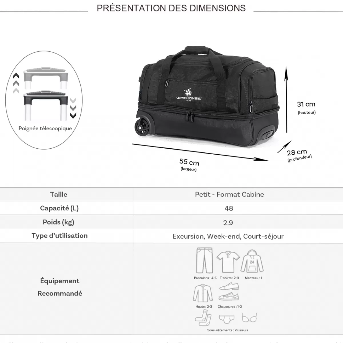 Sac de voyage cabine à roulettes 48L double compartiment Taille S 55cm^David Jones Clearance