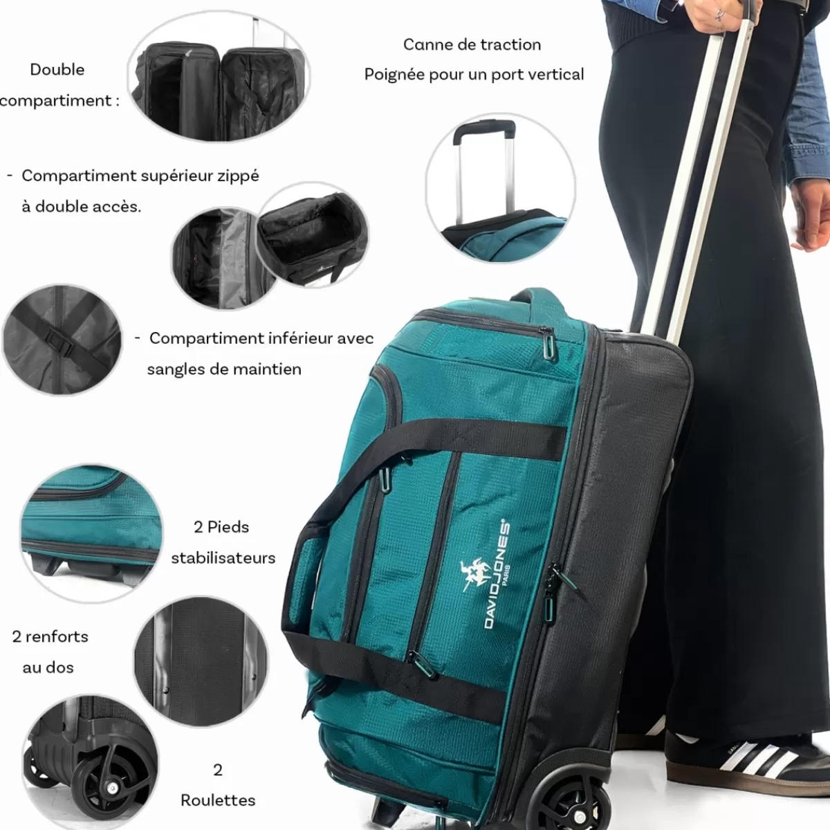 Sac de voyage cabine à roulettes 48L double compartiment Taille S 55cm^David Jones Clearance