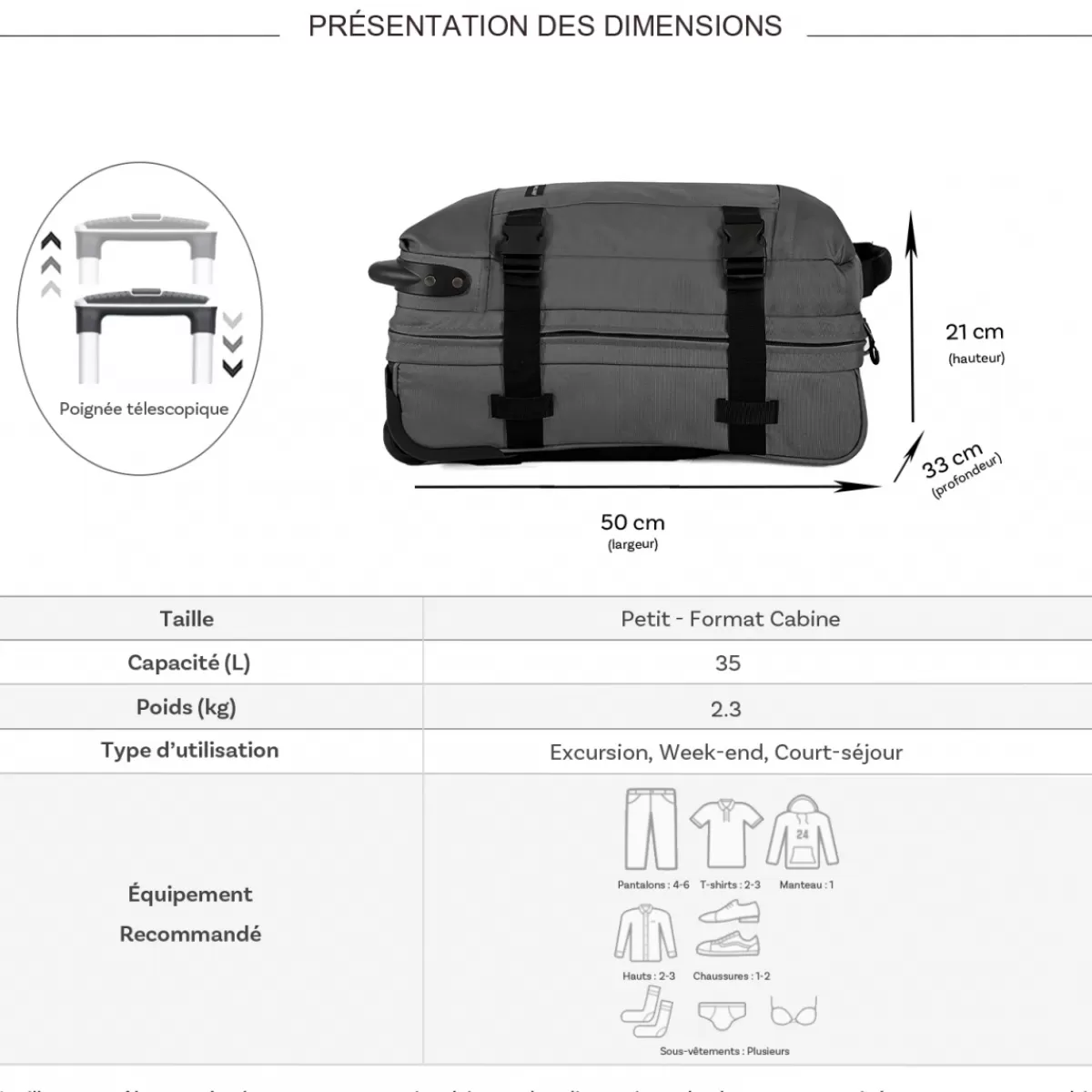 Sac de voyage cabine à roulettes 35L double compartiment taille S 50cm^David Jones Clearance