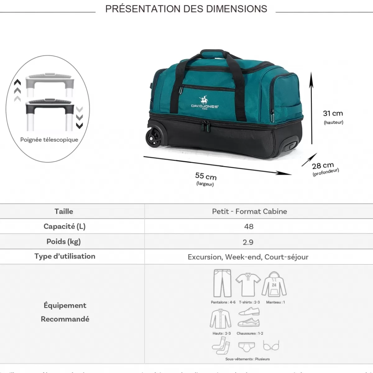 Sac de voyage cabine à roulettes 48L double compartiment Taille S 55cm^David Jones Clearance