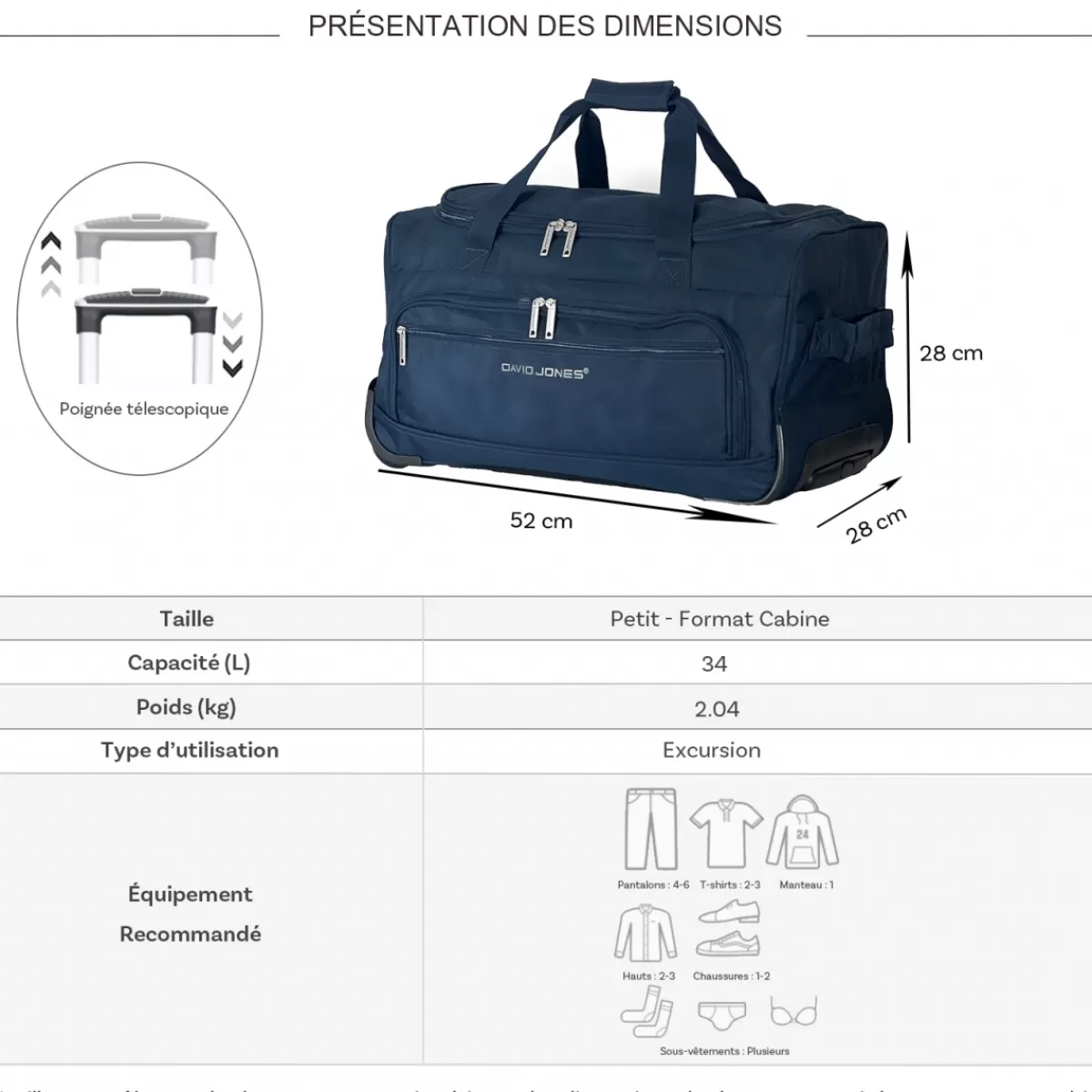 Sac de voyage cabine avec roulettes 34L polyester taille S 52cm^David Jones Store