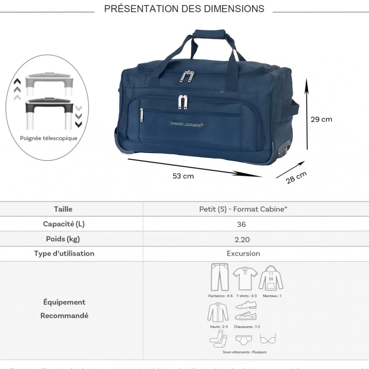 Sac de voyage cabine avec roulettes 36L polyester taille S 53cm^David Jones Outlet