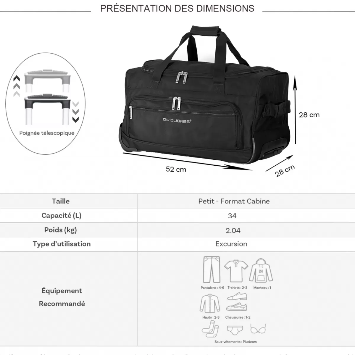 Sac de voyage cabine avec roulettes 34L polyester taille S 52cm^David Jones Store