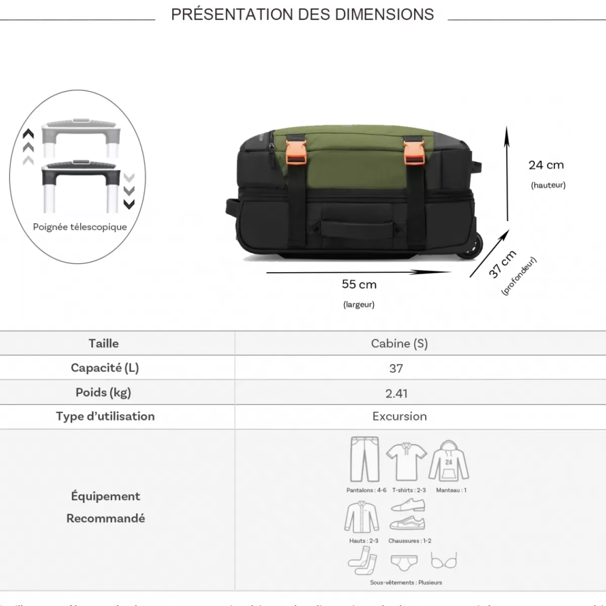 Sac de voyage cabine avec roulettes 37L JS007C polyester taille S 55cm^Jeep Fashion