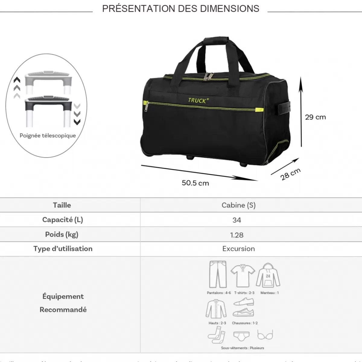 Sac de voyage cabine avec roulettes 34L polyester taille S 50.50cm^Truck Outlet