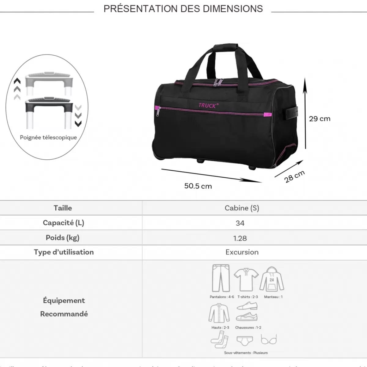 Sac de voyage cabine avec roulettes 34L polyester taille S 50.50cm^Truck Outlet