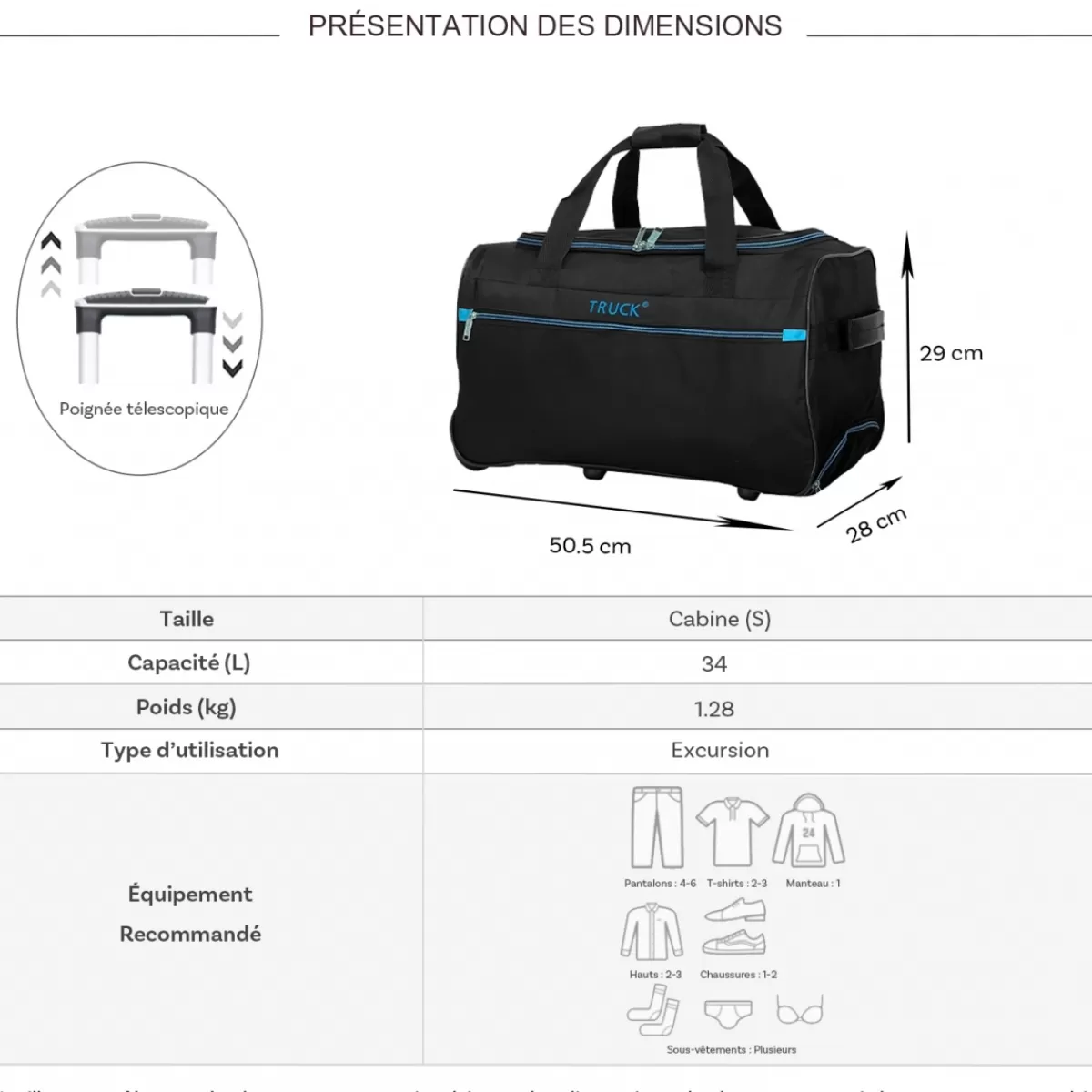 Sac de voyage cabine avec roulettes 34L polyester taille S 50.50cm^Truck Outlet