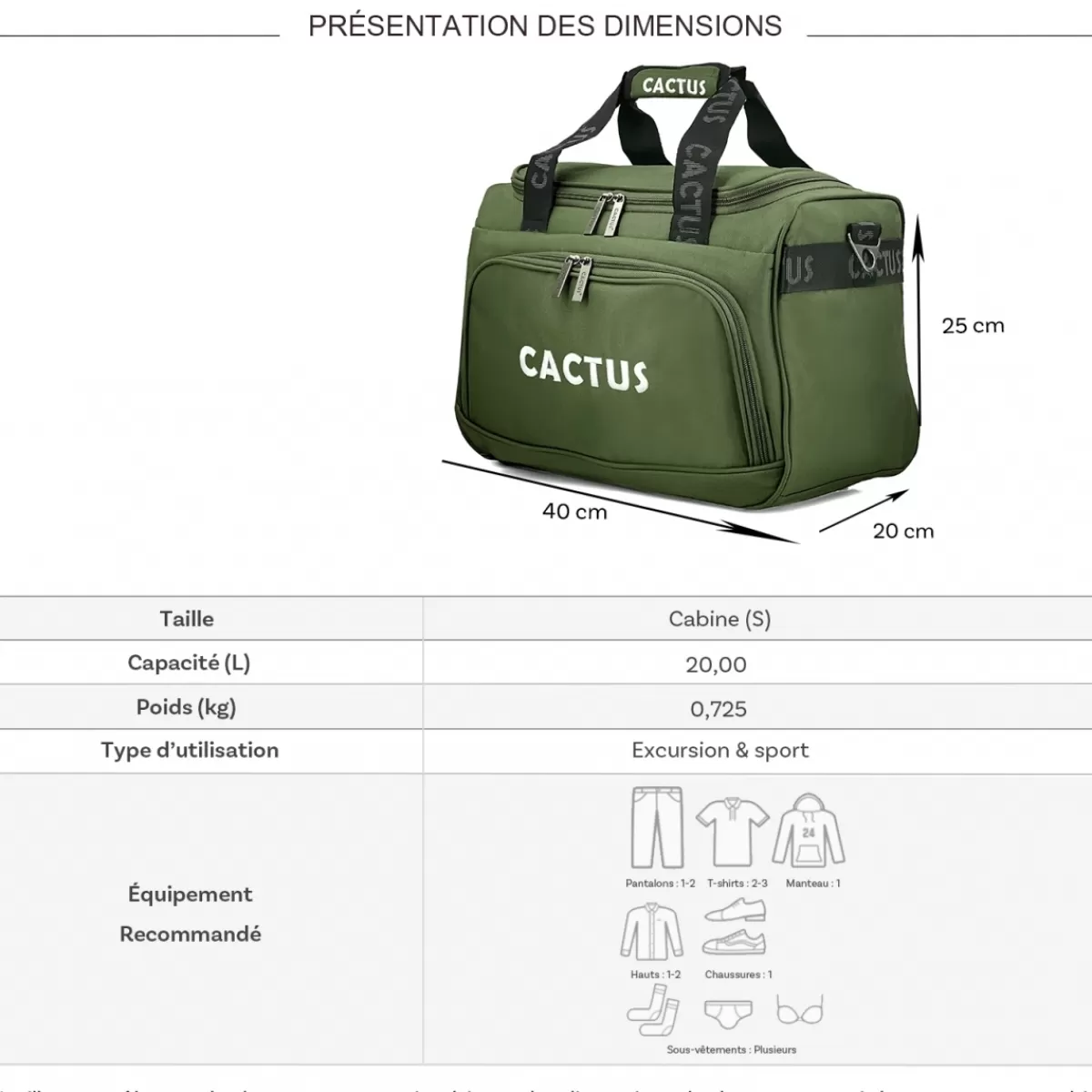 Sac de voyage 20L week-end et sport polyester format Ryan Air sans roulettes^Cactus Shop