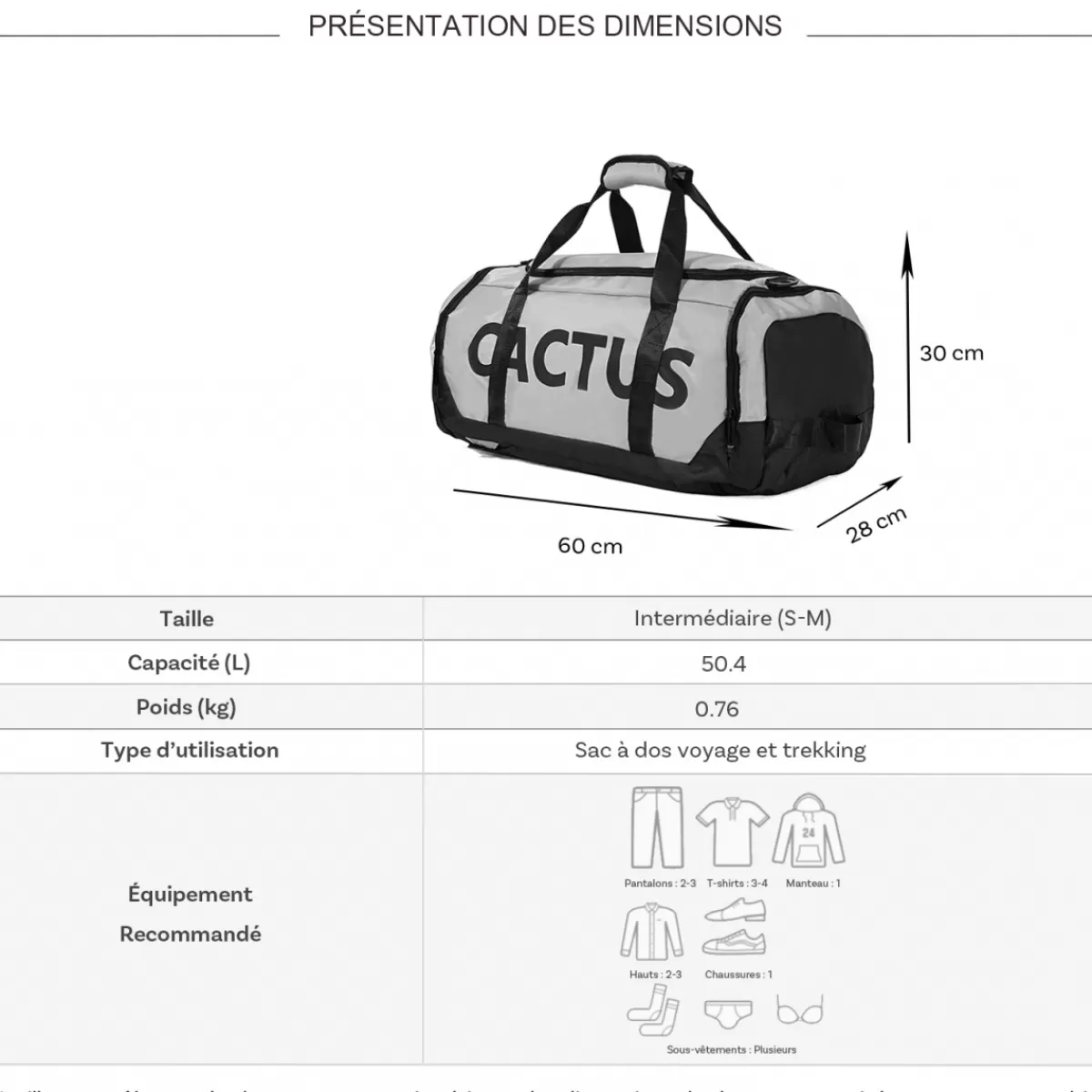 Sac de voyage week-end et sport 50L 2en1 porté dos sans roulettes^Cactus Best Sale