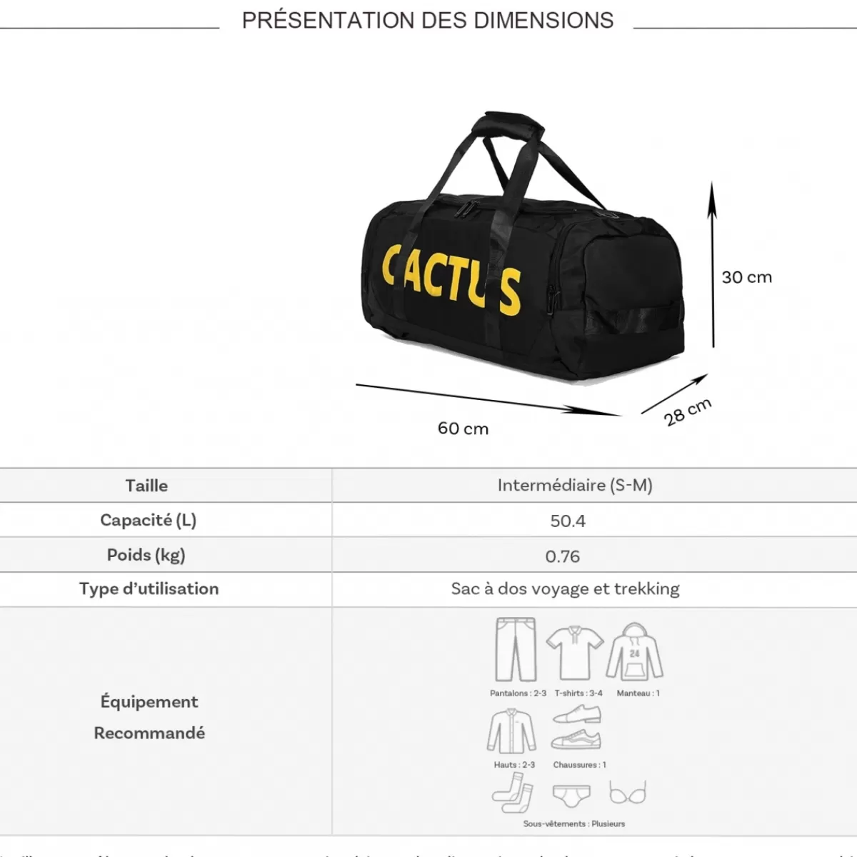 Sac de voyage week-end et sport 50L 2en1 porté dos sans roulettes^Cactus Best Sale