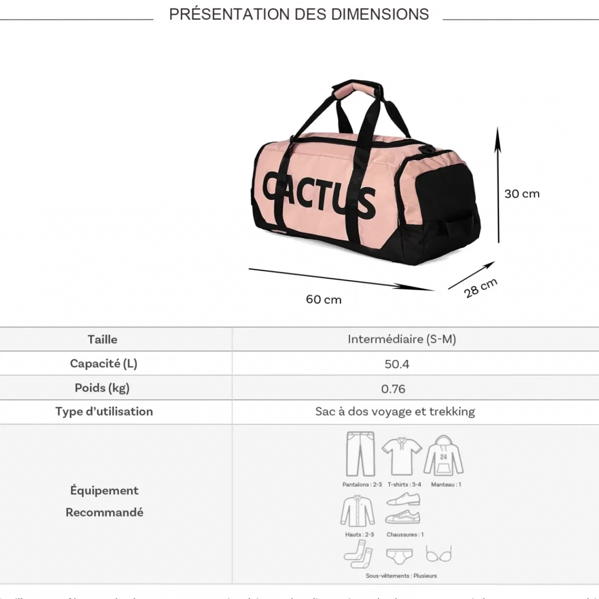 Sac de voyage week-end et sport 50L 2en1 porté dos sans roulettes^Cactus Best Sale